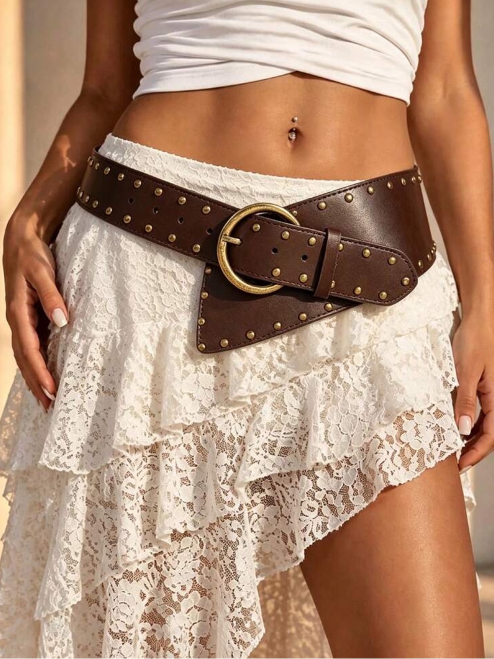 Brown Studded Asymmetrical Belt — Classic Boho Accent